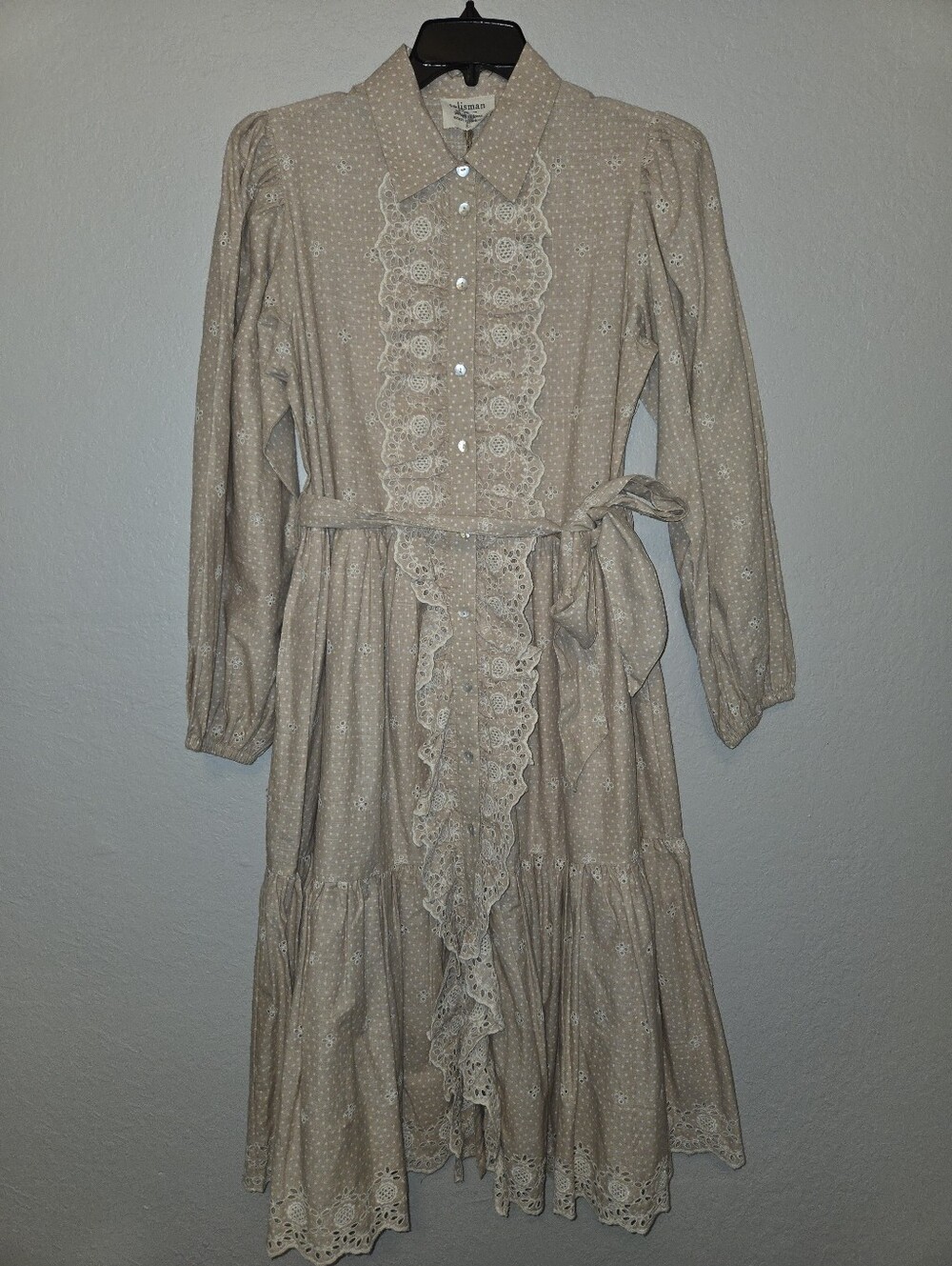 Talisman Garden Party Embroidered Eyelet Shirt Collar Long Sleeve Blouson Dress - Picture 2 of 5